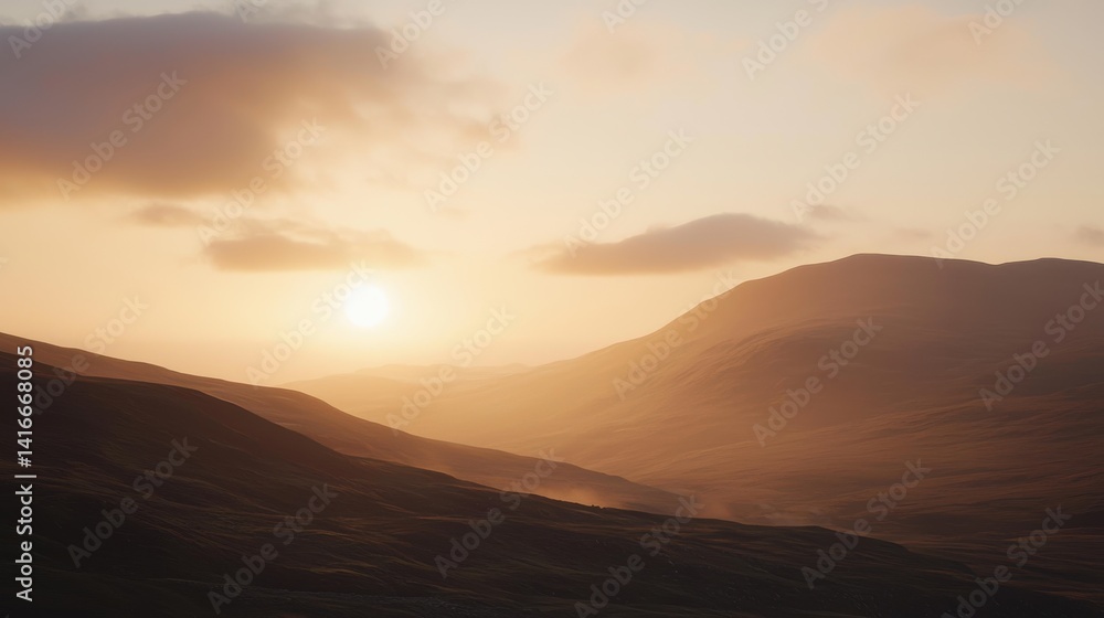 Fototapeta premium Hazy mountain range lit by a soft sunset glow with textured clouds above