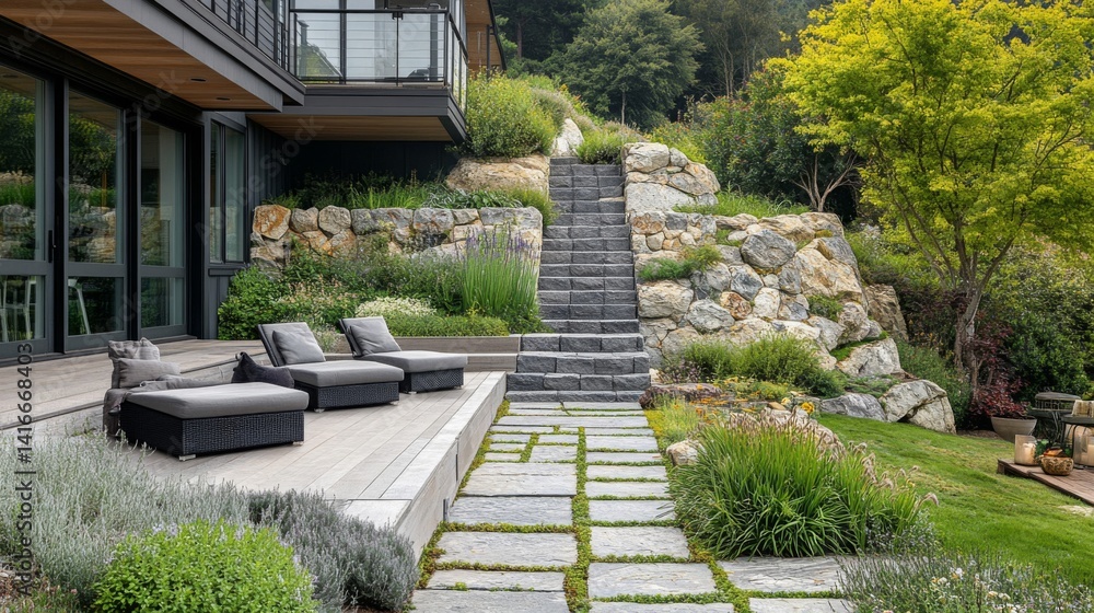 Fototapeta premium Modern Hillside Home with Stone Patio and Lush Garden