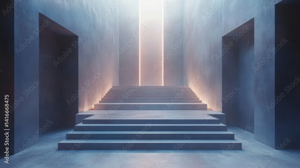 Fototapeta premium Abstract Grey Stone Hallway with Glowing Blue Light and Stairs