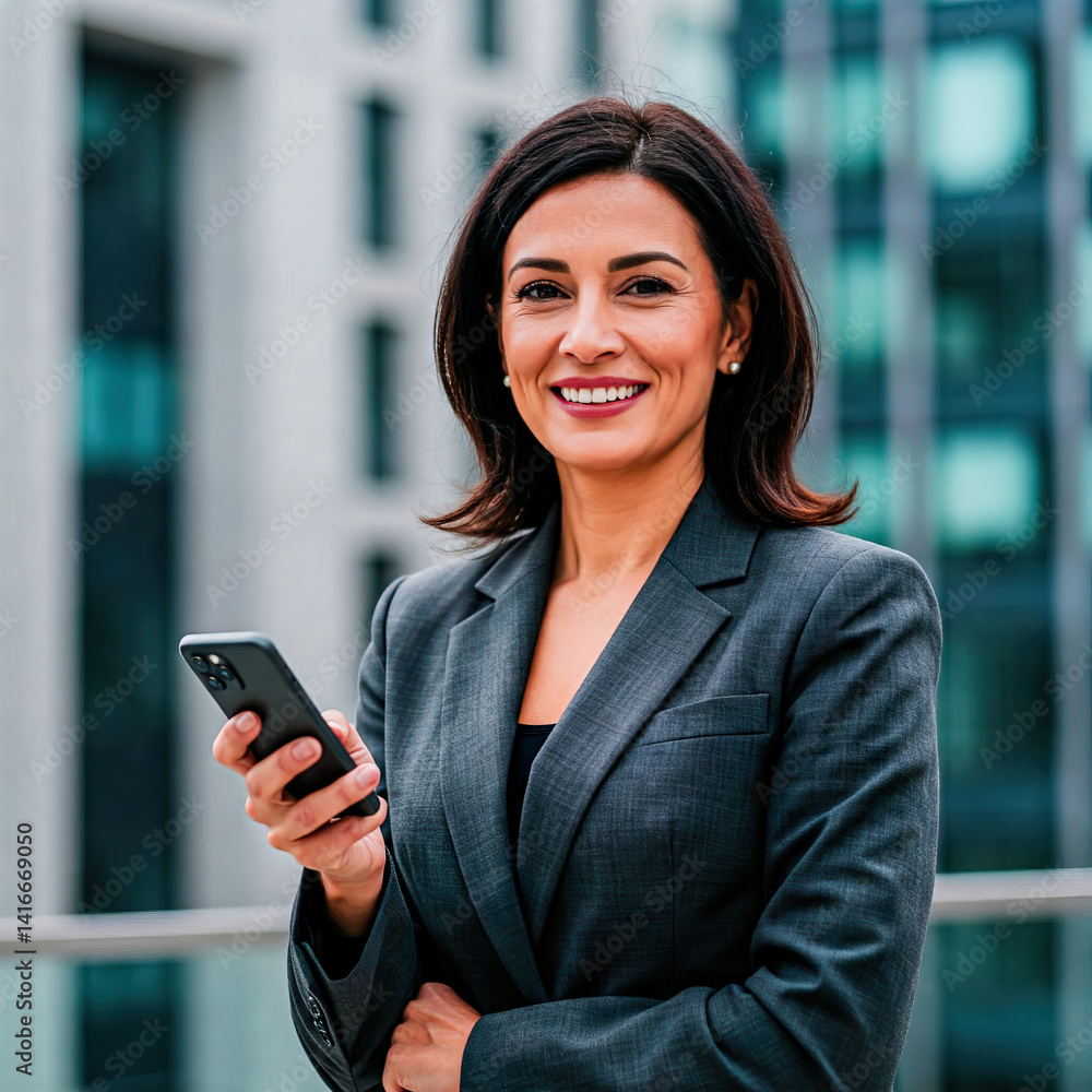 Confident middle-aged businesswoman in dark gray suit smiling while holding smartphone outdoors in modern urban office district, showing approachability and professionalism in corporate environment Confident middle-aged businesswoman in dark gray suit smiling while holding smartphone outdoors in modern urban office district, showing approachability and professionalism in corporate environment