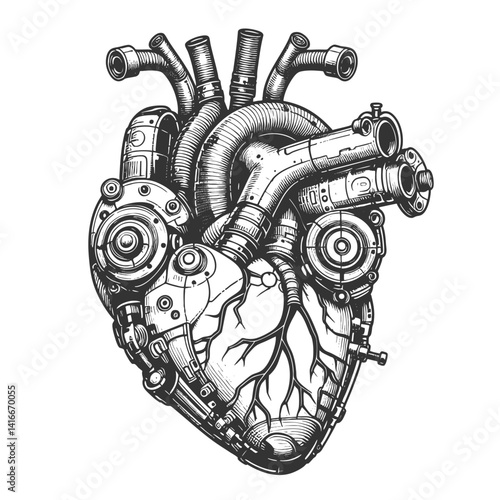 Robotic biomechanical heart with intricate pipes, gears, and tubes, steampunk and futuristic cybernetic aesthetics sketch engraving generative ai vector illustration. Scratch board. Black and white