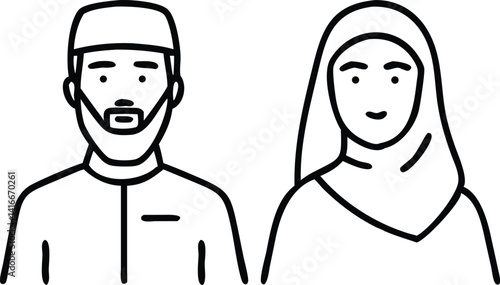 Line art icon of Muslim couple wearing traditional headscarf and kufi on white