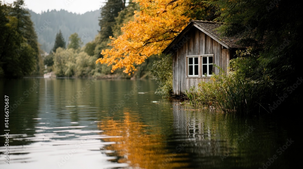 Obraz premium Serene Lake House Autumn Scenery Mountain Cabin Fall Foliage Water Reflection
