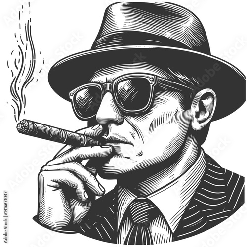 serious man in a fedora and sunglasses, confidently smoking a cigar like a mob boss sketch engraving generative ai fictional character vector illustration. Scratch board imitation. Black and white.