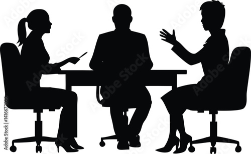 Silhouette Of Three Diverse People Conferring Around A Table on White