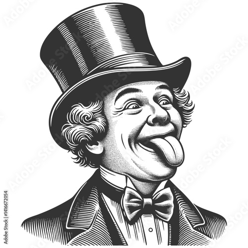 Silly stupid facial expression gentleman with curled mustache and top hat sticking out his tongue sketch engraving generative ai vector illustration. Scratch board imitation. Black and white image.