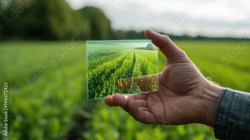 Wallpaper Mural Farmer’s hand holding a holographic screen projecting real-time crop health data, in front of green field with copy space on left Torontodigital.ca