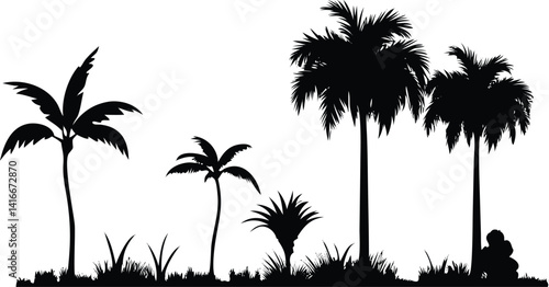 Silhouetted palm trees with grass, tropical landscape on transparent background
