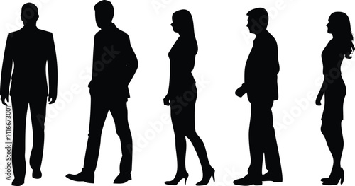 Silhouettes of Diverse People Walking in Suits on Transparent Background