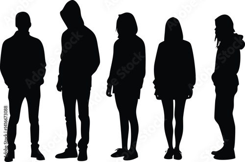 Silhouettes of Diverse People Standing With Hoodies and Casual Wear on White
