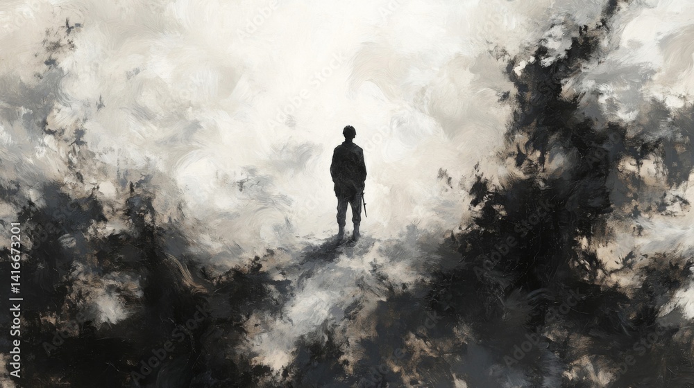 Silhouette of a Man in Foggy Landscape Silhouette of a Man in Foggy Landscape