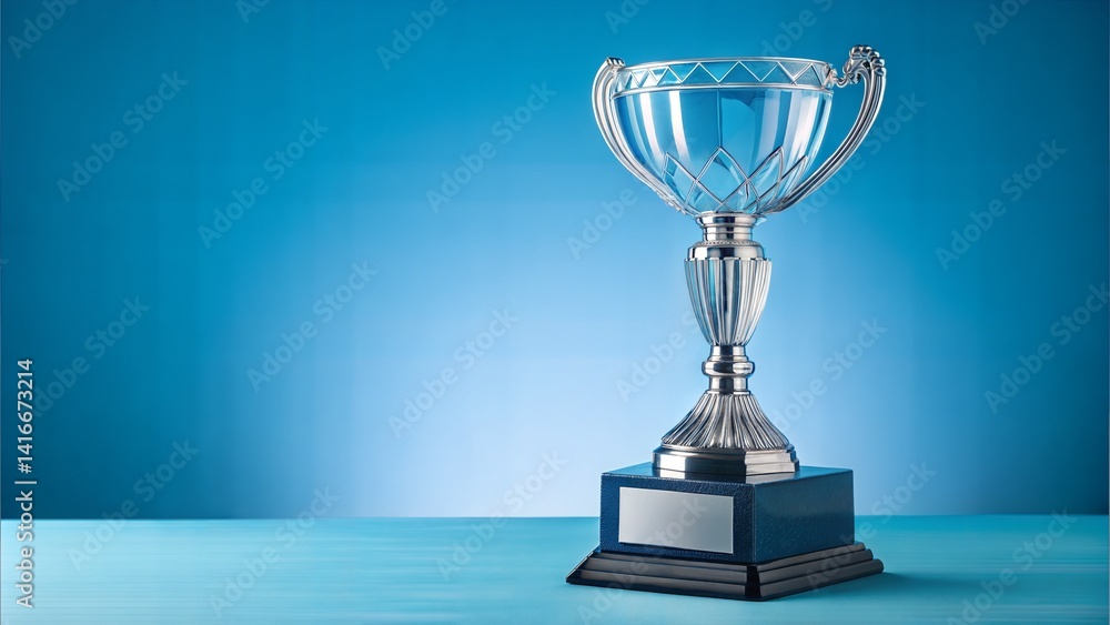 Fototapeta premium Crystal trophy on a blue background with ample space for customization. (Podium)