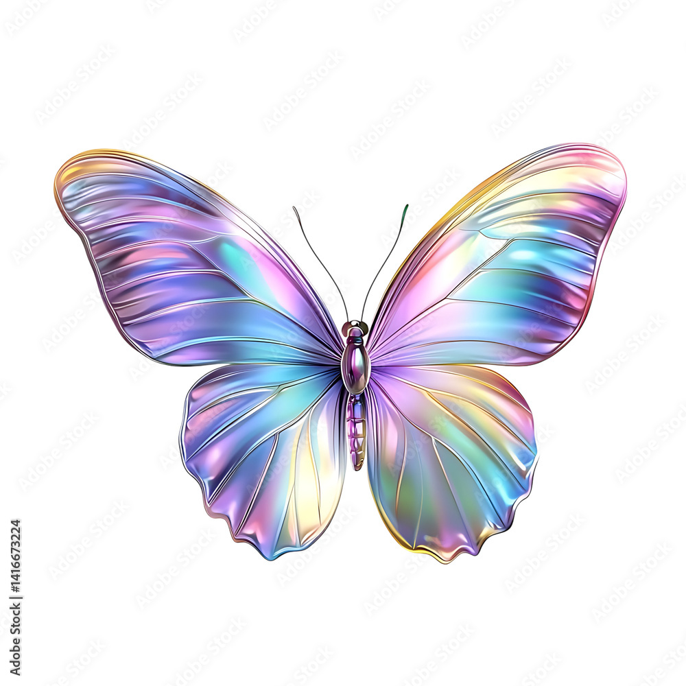 Colorful butterfly with iridescent holographic wings in hues of blue purple and gold fully spread in a symmetrical position isolated on a transparent background