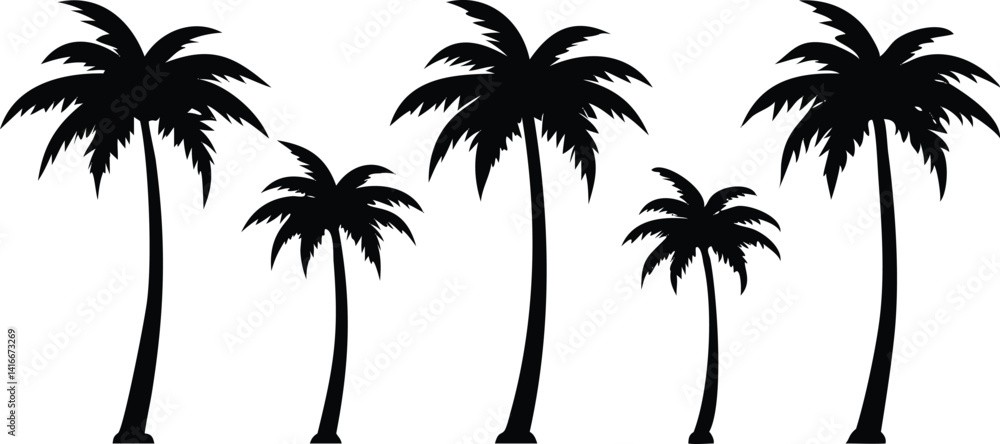 Fototapeta premium Six black Palm Trees with fronds silhouette on a transparent background