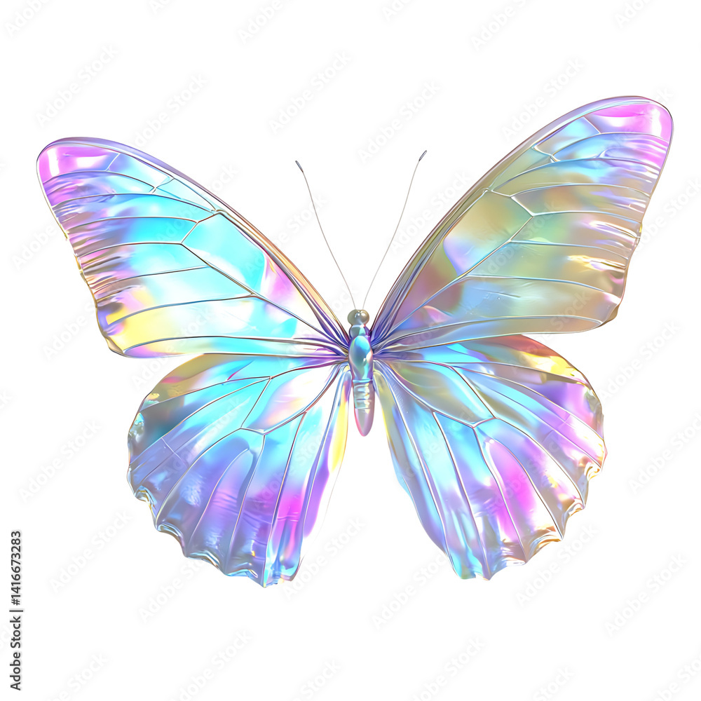 Colorful butterfly with iridescent holographic wings in hues of blue purple and gold fully spread in a symmetrical position isolated on a transparent background