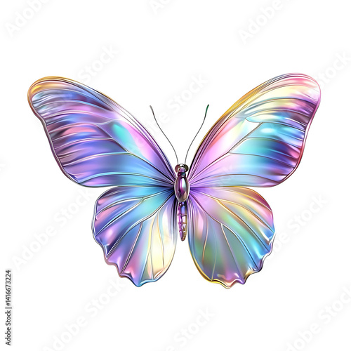 Obraz na płótnie Colorful butterfly with iridescent holographic wings in hues of blue purple and gold fully spread in a symmetrical position isolated on a transparent background w salonie