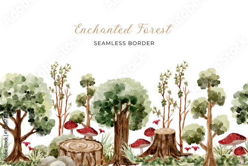 woodland enchanted forest watercolor seamless border