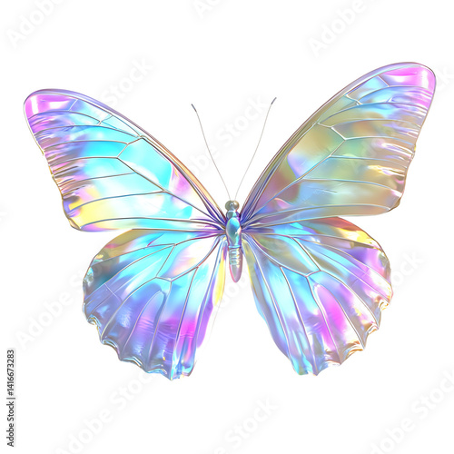 Obraz na płótnie Colorful butterfly with iridescent holographic wings in hues of blue purple and gold fully spread in a symmetrical position isolated on a transparent background w salonie