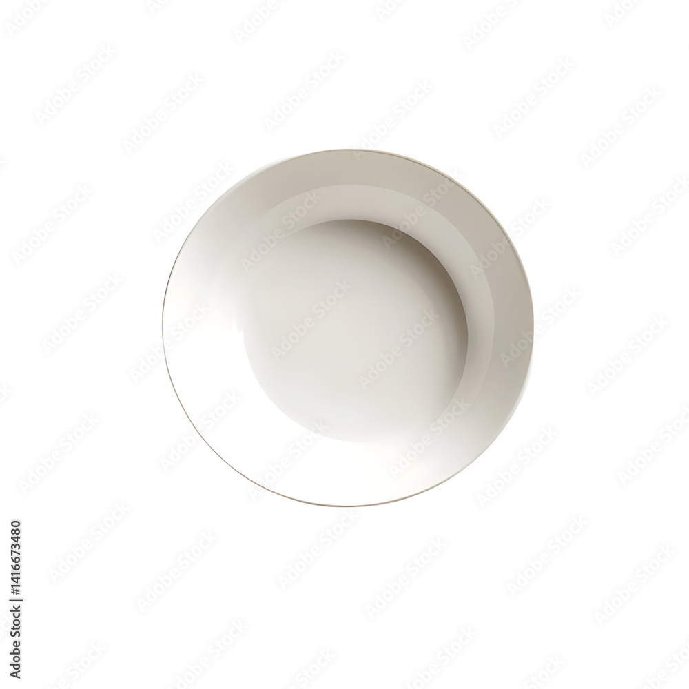 Realistic white melamine soup plate with a round wide rim and glossy surface viewed from a slight side angle isolated on a transparent background