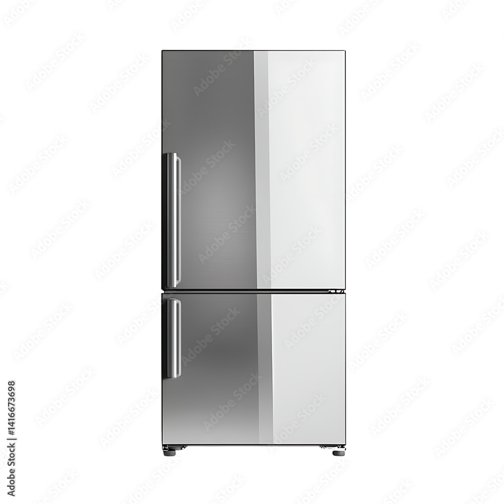 Tall stainless steel refrigerator with two vertical compartments smooth reflective finish modern handles and clean design isolated on a transparent background