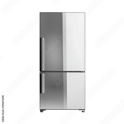 Tall stainless steel refrigerator with two vertical compartments smooth reflective finish modern handles and clean design isolated on a transparent background