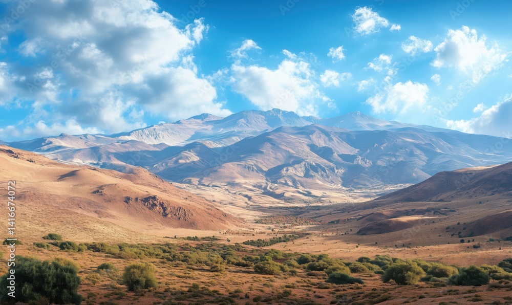 Stunning panoramic view of mountainous landscape under blue sky with clouds Stunning panoramic view of mountainous landscape under blue sky with clouds