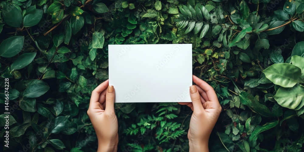 Blank white card held by hands surrounded by lush green foliage and plants Blank white card held by hands surrounded by lush green foliage and plants