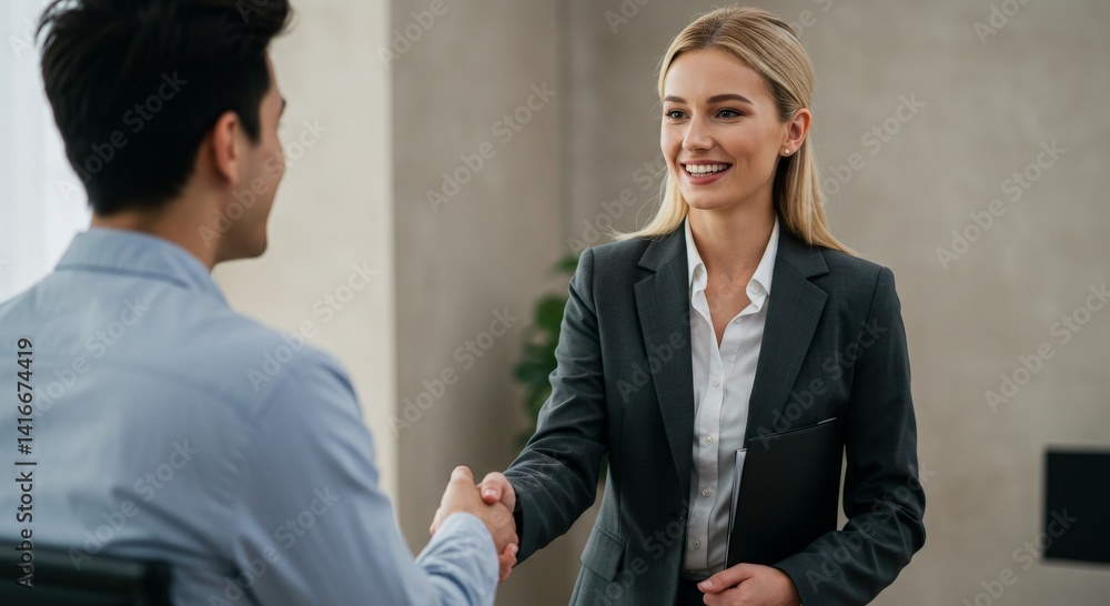 Portrait of cheerful young manager handshake with new employee. Portrait of cheerful young manager handshake with new employee.