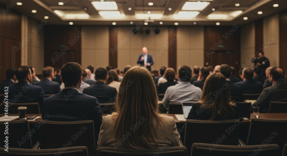 Obraz premium Business and entrepreneurship symposium. Speaker giving a talk at business meeting. Audience in the conference hall. Rear view of unrecognized participant in audience