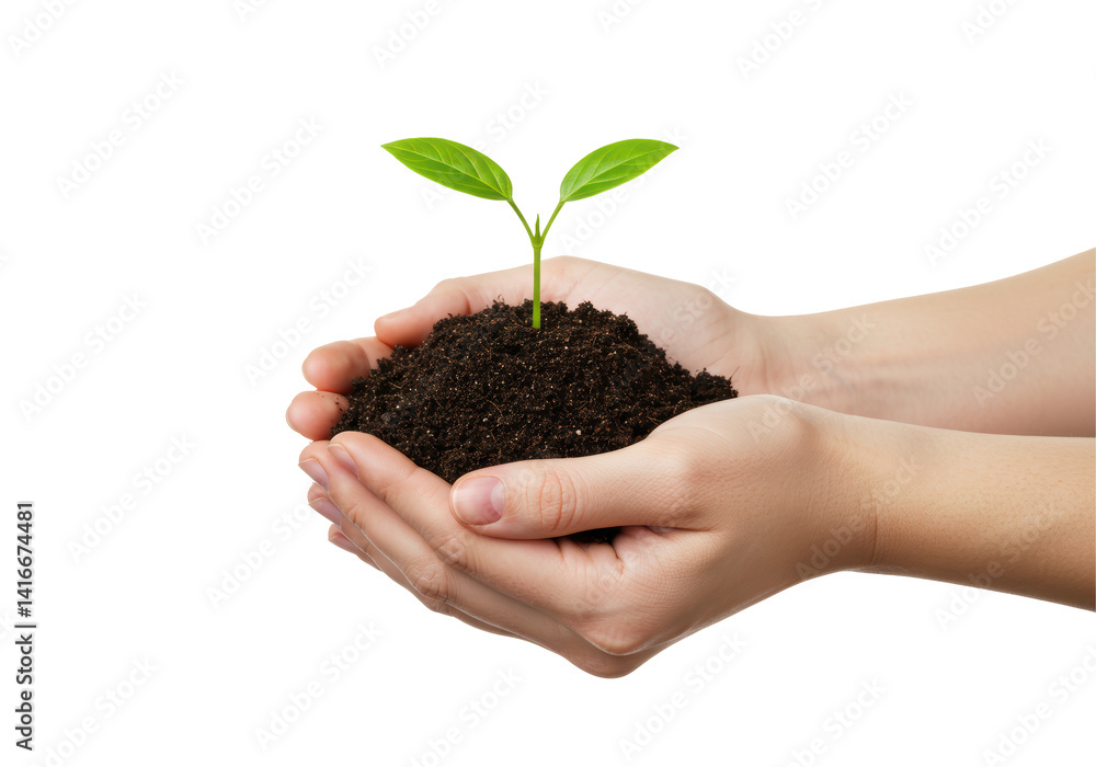 Isolated Hands Holding Soil with Seedling Isolated Hands Holding Soil with Seedling