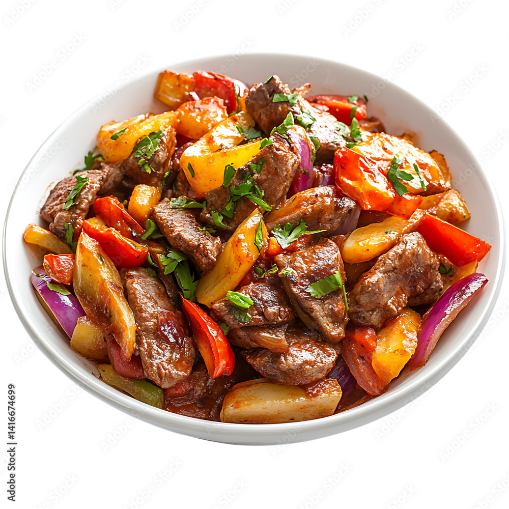 Bowl of traditional Peruvian lomo saltado with stir fried beef red onions yellow and red bell peppers and fresh cilantro on a transparent background