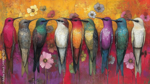 Vibrant assemblage of painted birds perched together in colorful abstract harmony a visual symphony of feathered creatures and blooms