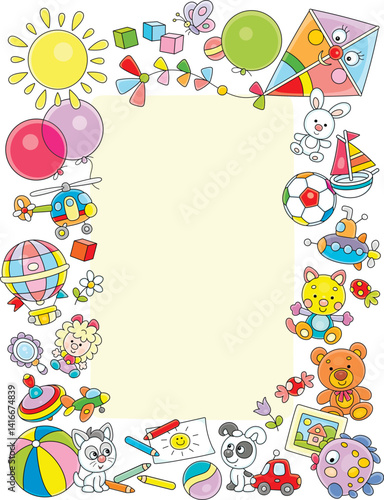 Childish colorful frame border for your text or photo with funny cartoony toys and baby animals, vector illustration on a white background