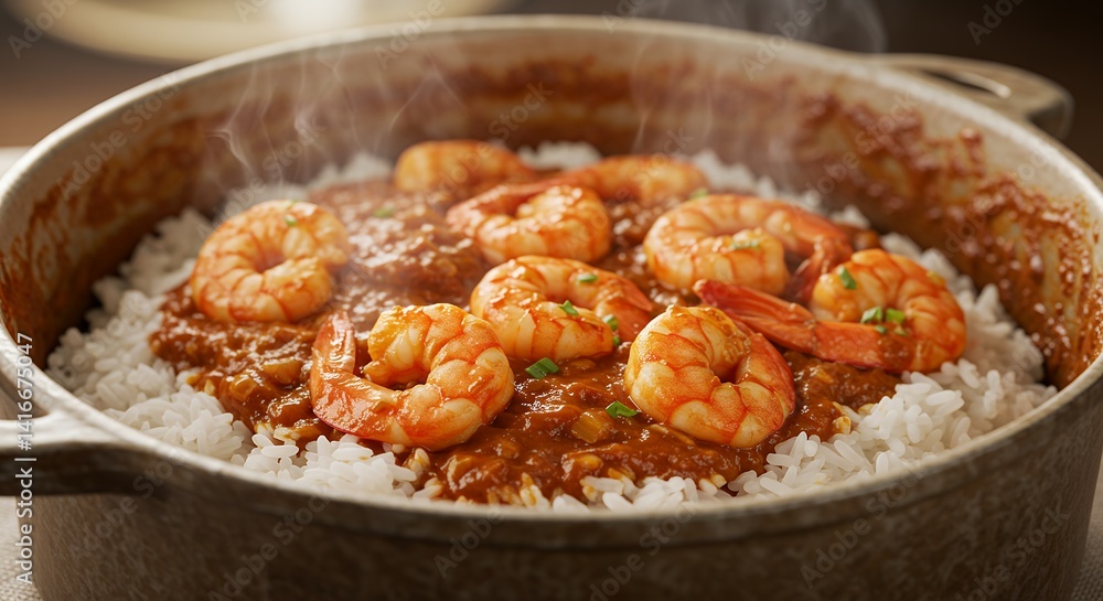 Serving Shrimp Creole Over Rice in Rustic Pan Close Up Serving Shrimp Creole Over Rice in Rustic Pan Close Up