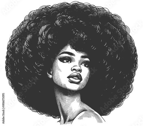 woman with a voluminous afro hairstyle and hoop earrings, exuding strength, beauty, and vintage artistic elegance sketch engraving generative ai vector illustration. Scratch board. Black and white.