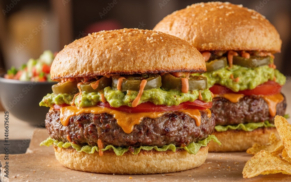 Gourmet Mexican-Style Beef Burger with Guacamole and Jalapeños, Served with Tortilla Chips and Salsa Gourmet Mexican-Style Beef Burger with Guacamole and Jalapeños, Served with Tortilla Chips and Salsa