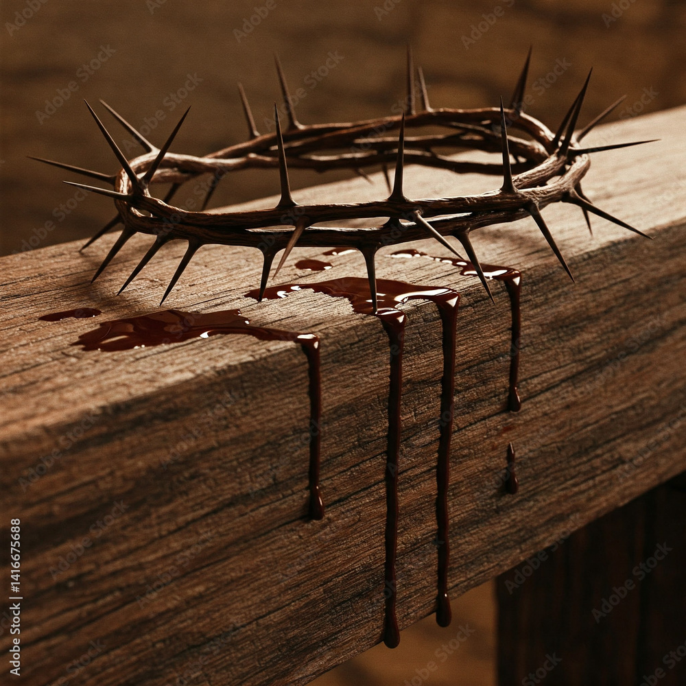 A crown of thorns placed on an old wooden beam with a few drops of blood on it, the crown of thorns of Jesus