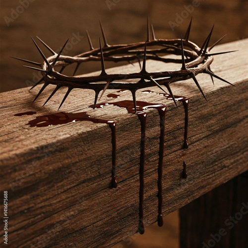 Obraz na płótnie A crown of thorns placed on an old wooden beam with a few drops of blood on it, the crown of thorns of Jesus w salonie