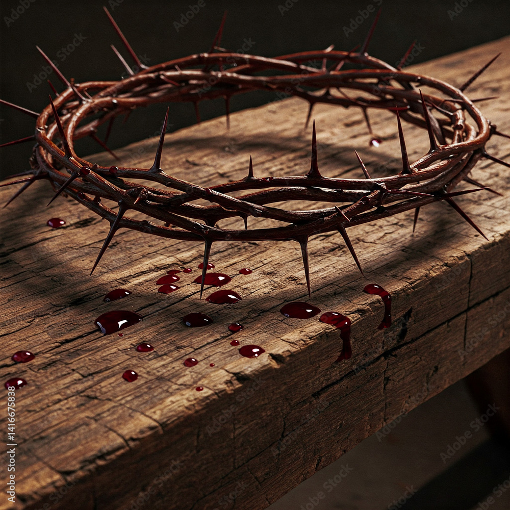 A crown of thorns placed on an old wooden beam with a few drops of blood on it, the crown of thorns of Jesus