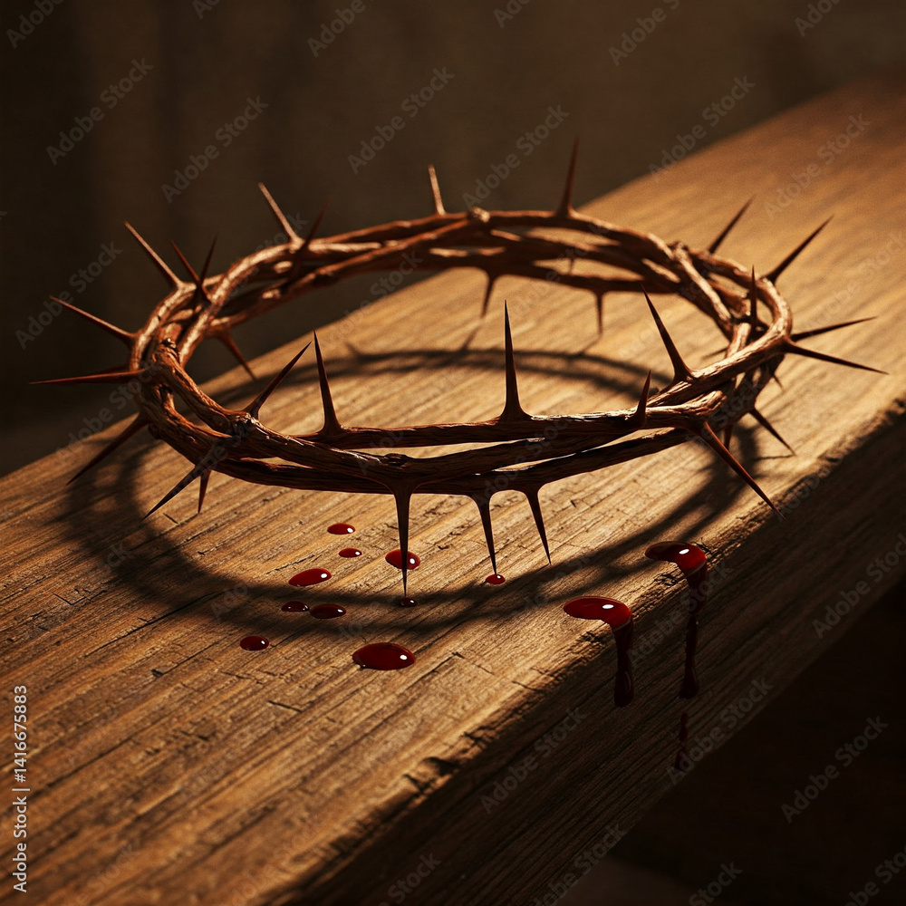 A crown of thorns placed on an old wooden beam with a few drops of blood on it, the crown of thorns of Jesus