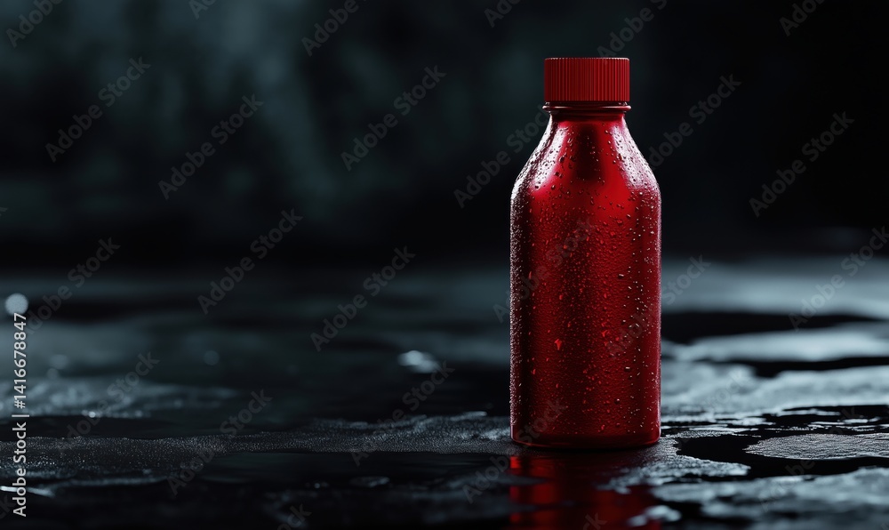 Red bottle with condensation on dark reflective surface in moody lighting Red bottle with condensation on dark reflective surface in moody lighting