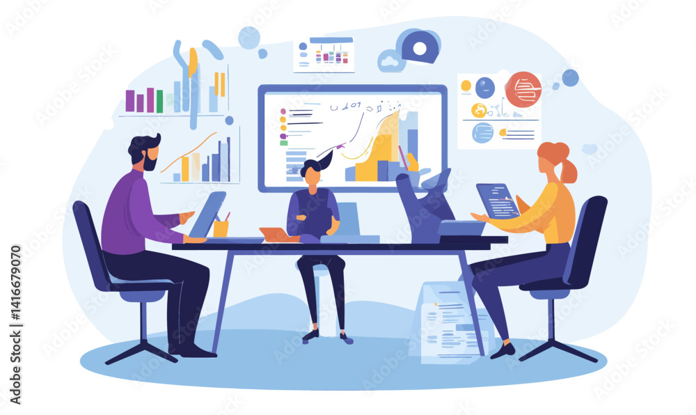 Collaborative Teamwork in Modern Office with Technology and Charts for Strategy Development Collaborative Teamwork in Modern Office with Technology and Charts for Strategy Development