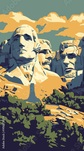 WPA Art Deco Mount Rushmore Vector Poster: Shrine of Democracy in Black Hills
