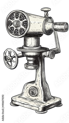 Vintage Mechanical Meat Grinder Illustration for Retro Kitchen Decor Enthusiasts