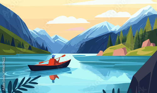 Minimalist Vector of Man Canoeing Through Serene Mountain River in Nature