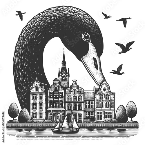 giant black swan looming over a European-style cityscape, symbolizing rare and disruptive events sketch engraving generative ai vector illustration. Scratch board imitation. Black and white image.
