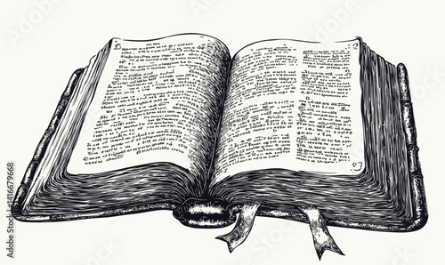 Intricate Vintage Open Book Sketch with Antique Bible Design