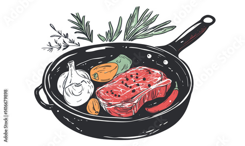 Grilled Beef Steak with Spices and Vegetables in Pan - Barbecue Concept Vector Illustration