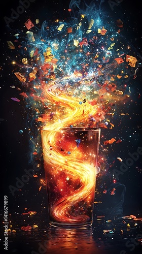 Explosive drink bursts with vibrant colors and swirling energy.