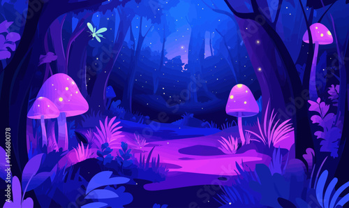 Mystical Nighttime Forest with Glowing Mushrooms and Fireflies Vector Illustration